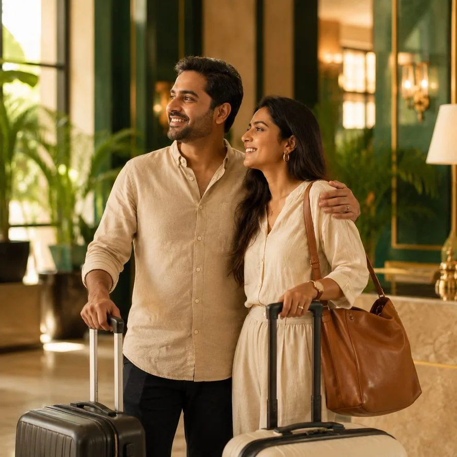 Happy guests arriving at a boutique hotel
