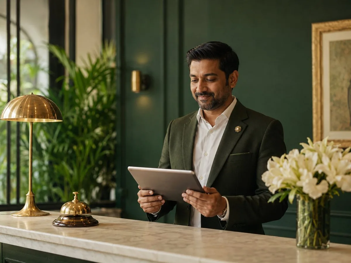 Hotel manager calmly reviewing the day on a tablet at a boutique reception